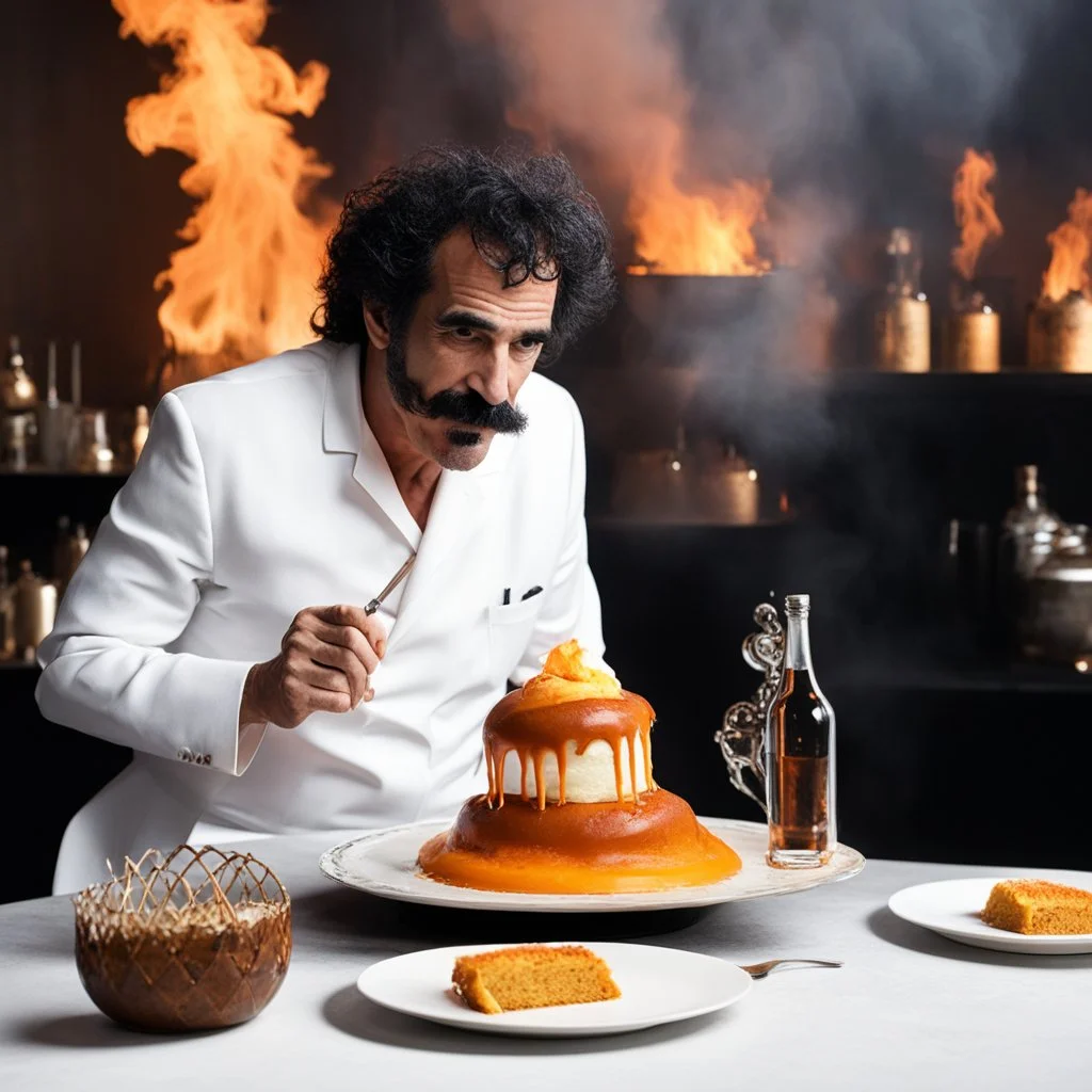 Frank Zappa participate au meilleur pâtissier 2020, his cigarette in the mouth and a bottle of rhum for his dessert un épais flaming baba au rhum in fire