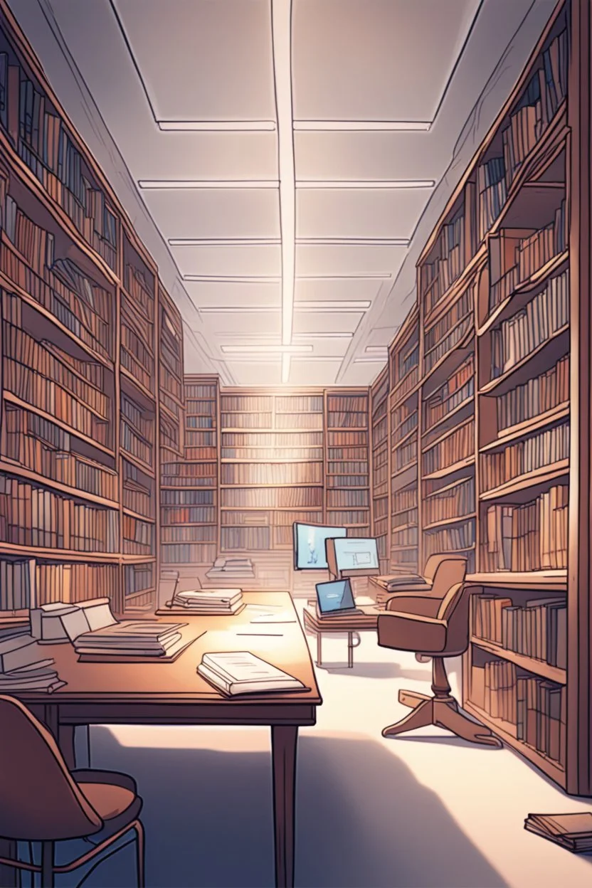 Library, state-of-the-art computers, book search. High-quality drawing, 8K