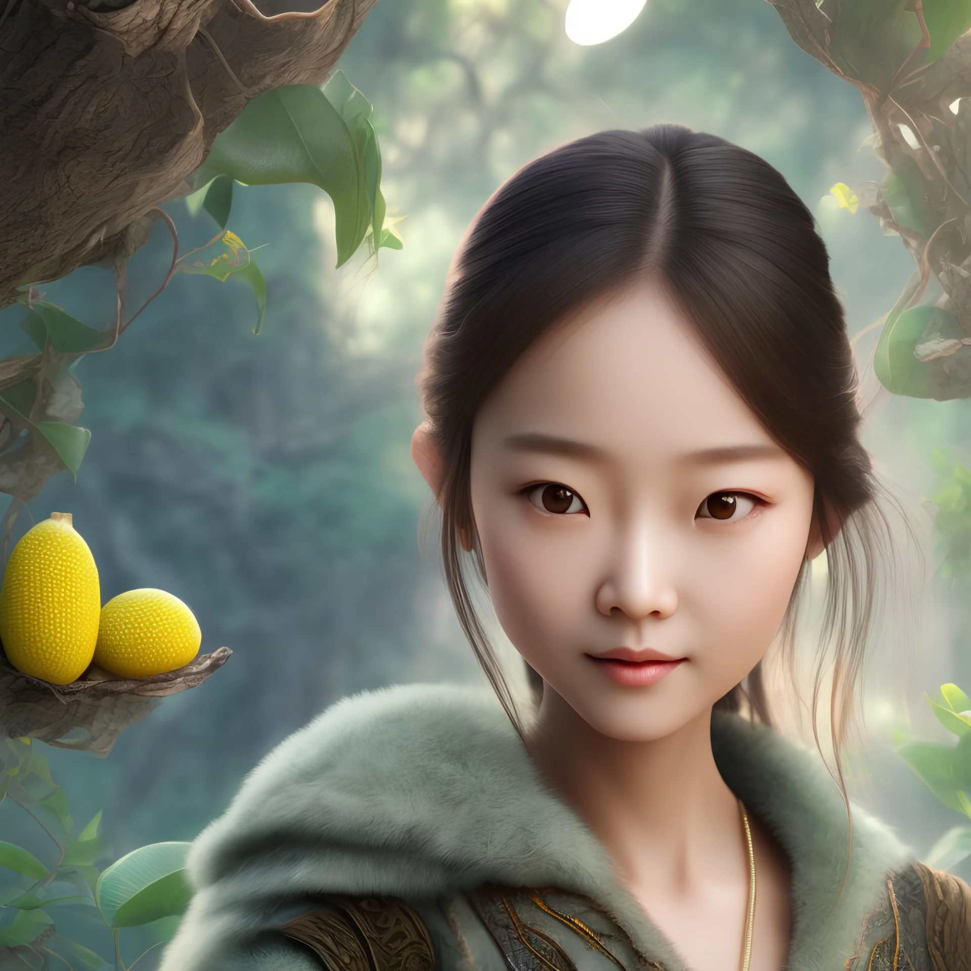 bust of chinese girl hobbit, smiling, happy, symmetrical eyes, soft light, durian, bananas, insects, lamp, soft light, RTX, style Léon Frédéric