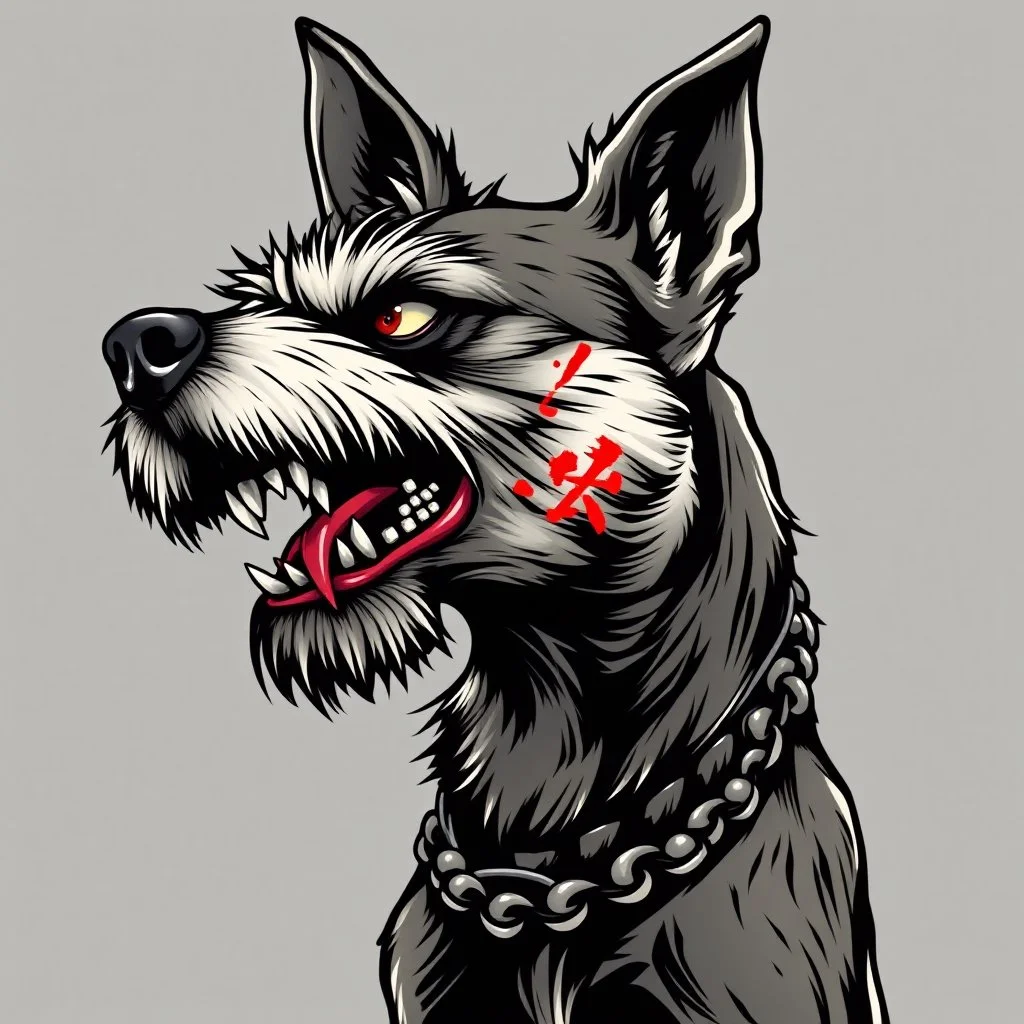 left facing head of angry Terrier dog with blood shot eyes and bloodied teeth, a ball chain collar around neck, a chain leash attached to collar, vector