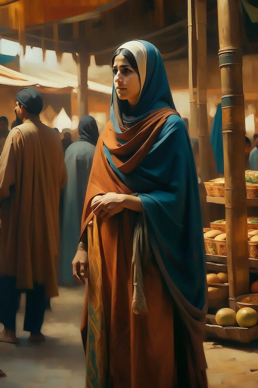 oriental arabic woman standing in market painting