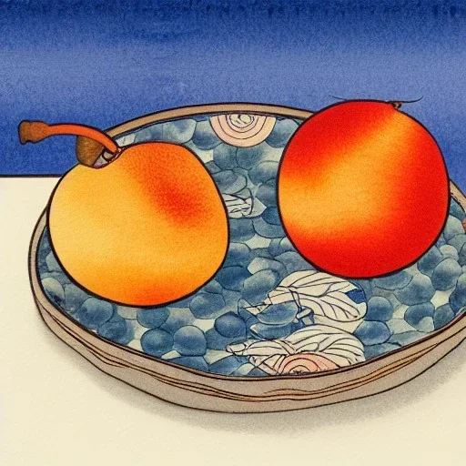 Ukiyo-e style illustration of three watercolor peaches stilllife