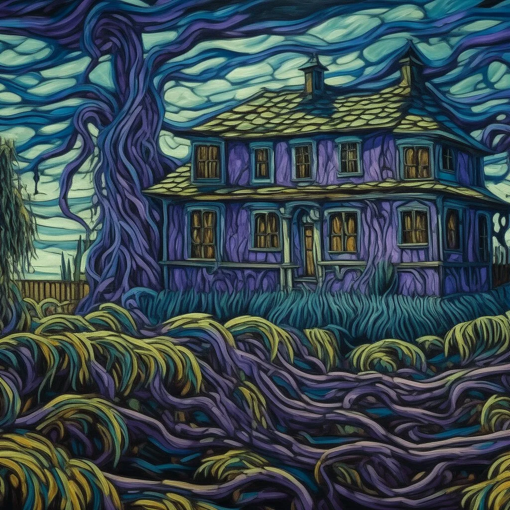 A purple haunted mansion covered in thorny vines painted by Vincent van Gogh