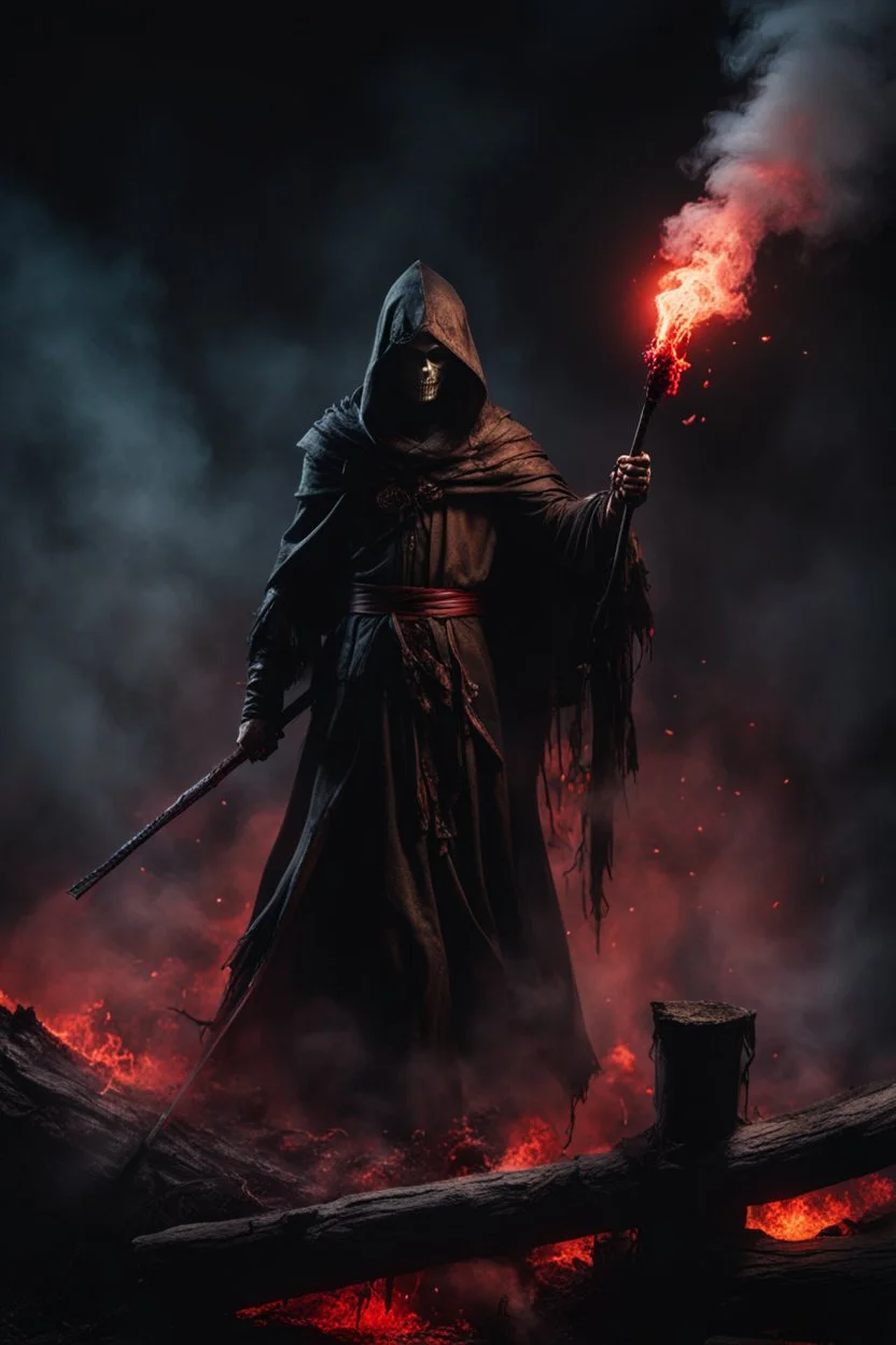 the bloody sorcerer known as The Shadow of Death weilding the staff of destruction. black rotting smoke. zombies in the background. fantasy art, Cinematic lighting, Volumetric lighting, Epic composition,