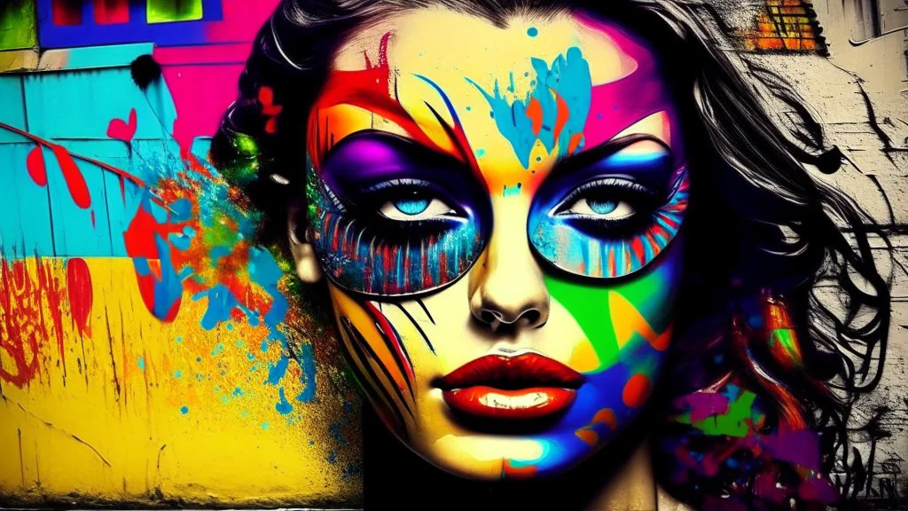 graffiti_street_art_beautiful_girl_photo_model_happy_sexy_vintage_mask_pop_art_colorful_background multi color domino salvador dali