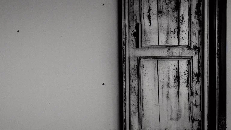 unhinged door, anime, monochrome, black background, ink, simple, maximum quality, broken hinge, barely functioning, why is it still being used it's a health hazard