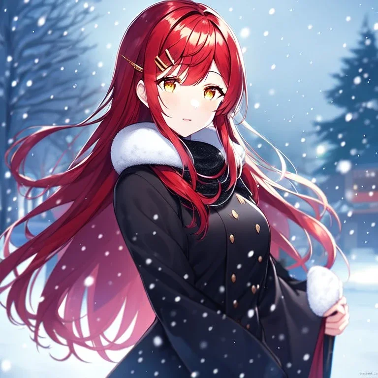 girl, masterpiece, best quality, volumetric lighting, detailed outfit, perfect eyes, red hair, golden eyes, long hair, snowing, outdoors, winter outfit, hairclip, depth of field, black outfit,