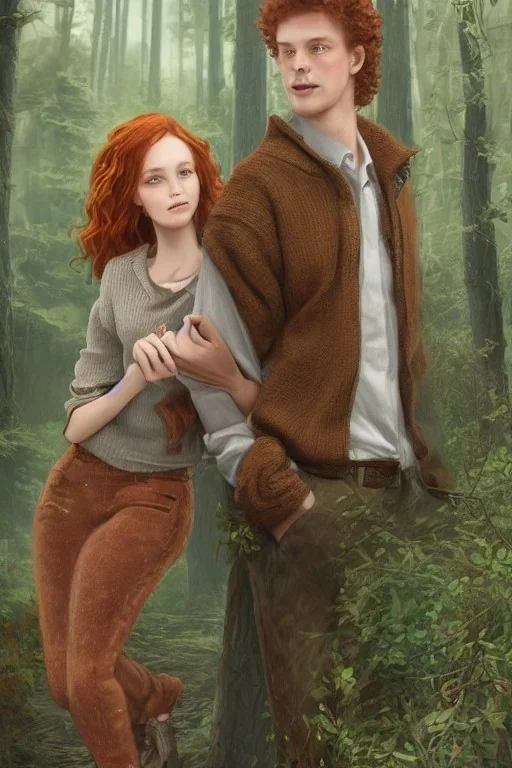 Jeune couple, visage hyper détaillé, réaliste. Forêt fantaisiste détaillée,paysage magnifique, Fille rousse aux cheveux raides et longs, garçon grand, musclé très longs cheveux bruns très bouclés. Fille jean pull, garçon tenue de bûcheron.