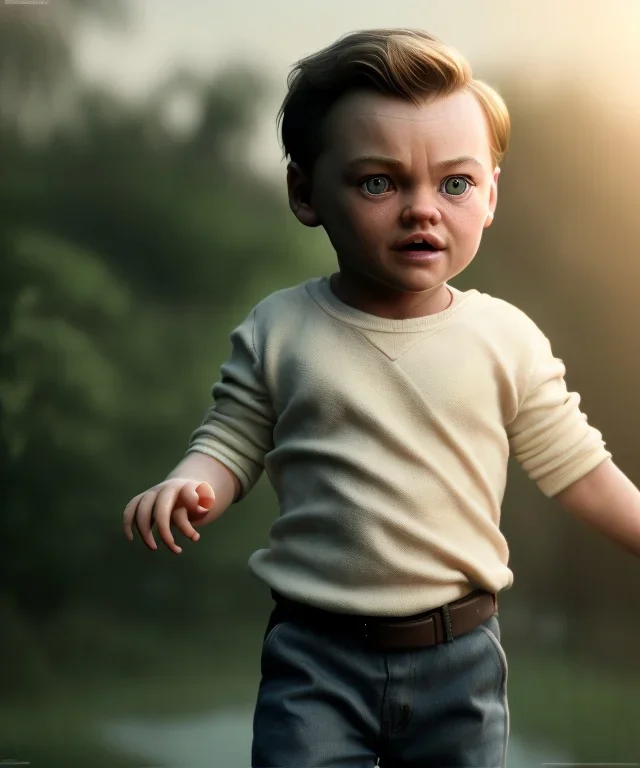 Leonardo di caprio toddler, full body, shoe, car, dramatic lighting, hyper realistic