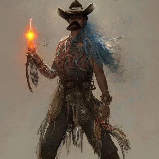 Insanely detailed photograph of an “ a mustachioed cowboy warrior "with worn Sombrero, handsome charo,cigar,glowing D20 in outstretched hand, hyperdetailed painting by Ismail Inceoglu Huang Guangjian and Dan Witz CGSociety ZBrush Central fantasy art album cover art,8K, hdr, mysterious, flickeringlights ,Stoic