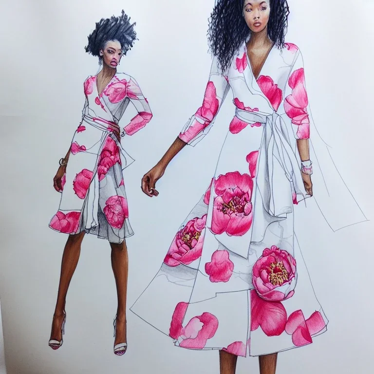 Croquis, wrap dress, white with peony print, long sleeves, fashion illustration, sketch, drawing, pencil, african american model, Aarón favaloro, megan hess, René gruau