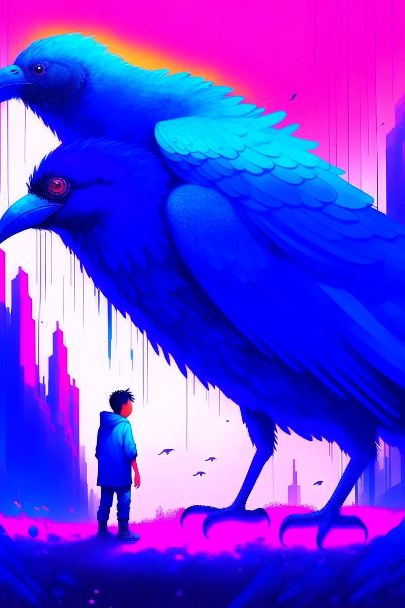 giant blu bird pecking small man in the metaverse style of beeple