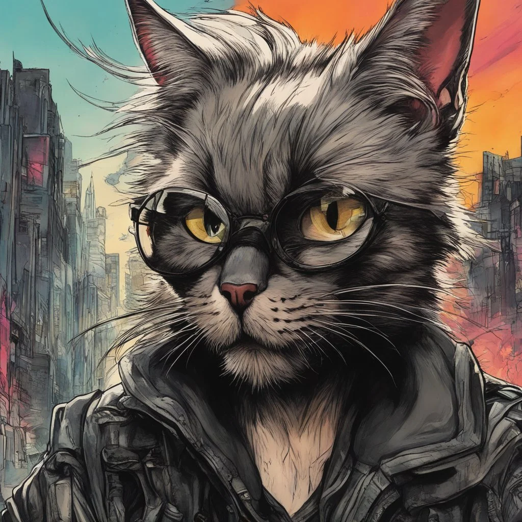 create a wild caricature of a grizzled streetwise cyberpunk female mercenary Black cat, highly detailed with refined feline features in the cartoon caricature style of Gerald Scarfe and Ralph Steadman precisely drawn, boldly inked, vividly colored, 4k