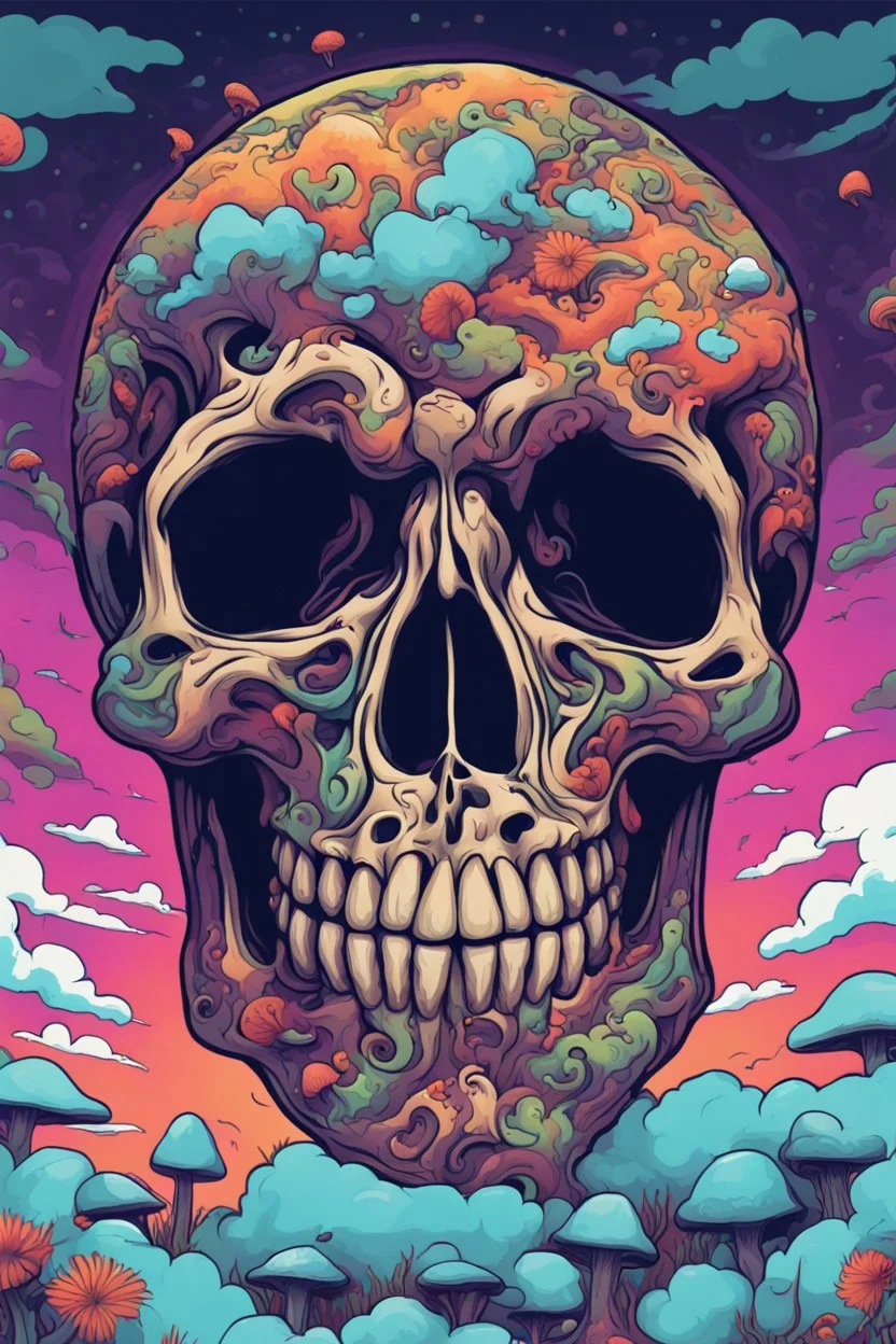 Psychedelic skull looking high and grinning, surrounded by clouds and overgrown with psychedelic mushrooms. Birds flying around the skull. Digital drawing. Colorful. t-shirt design. Cartoon. Digital cartoon. Mid detailed. Super happy. Cheerful. Light hearted. Colorful. Vibrant colours.