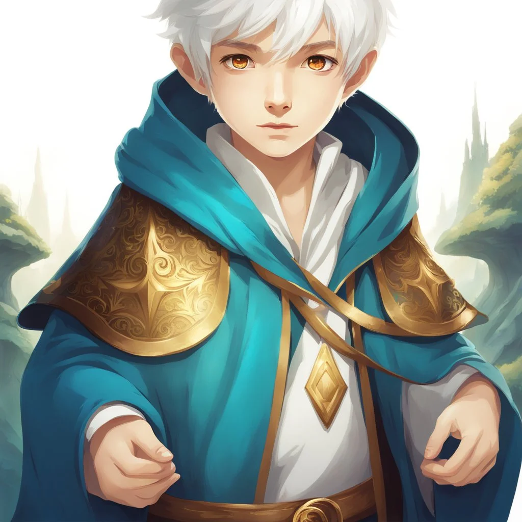 Fantasy World, A boy only wearing a closed wizards robe, and wearing a wizards hat. White Hair. Golden Eyes