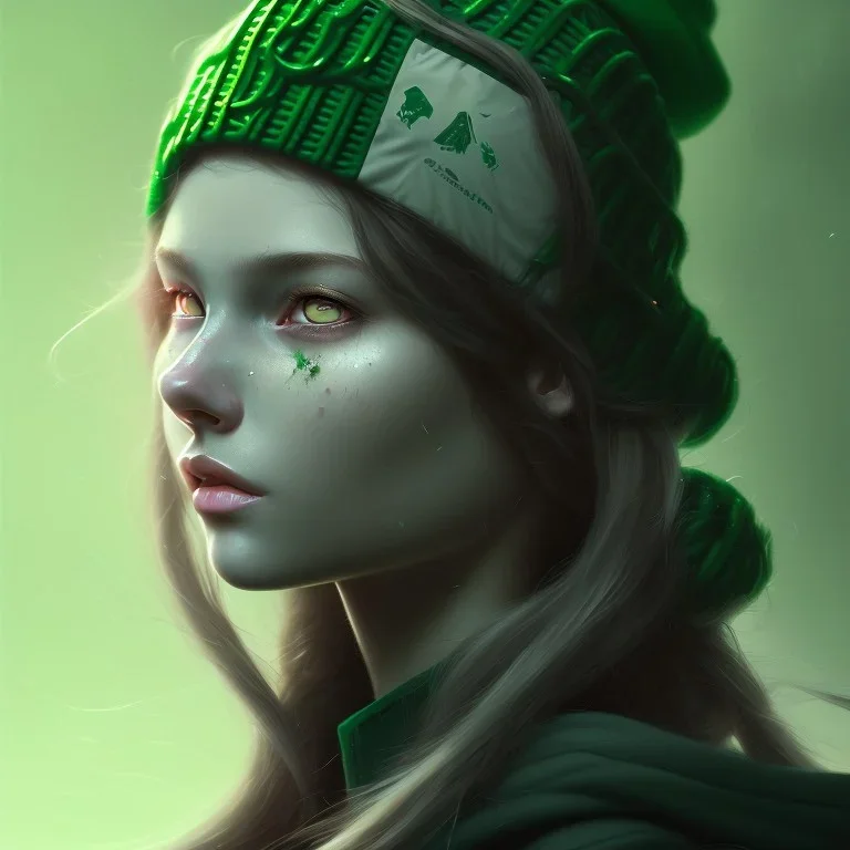 girl, cute, beautiful, long hair, wavy hair, green hair, blue eyes, green beanie, green coat, black tee shirt, head and shoulders portrait, 8k resolution concept art portrait by Greg Rutkowski