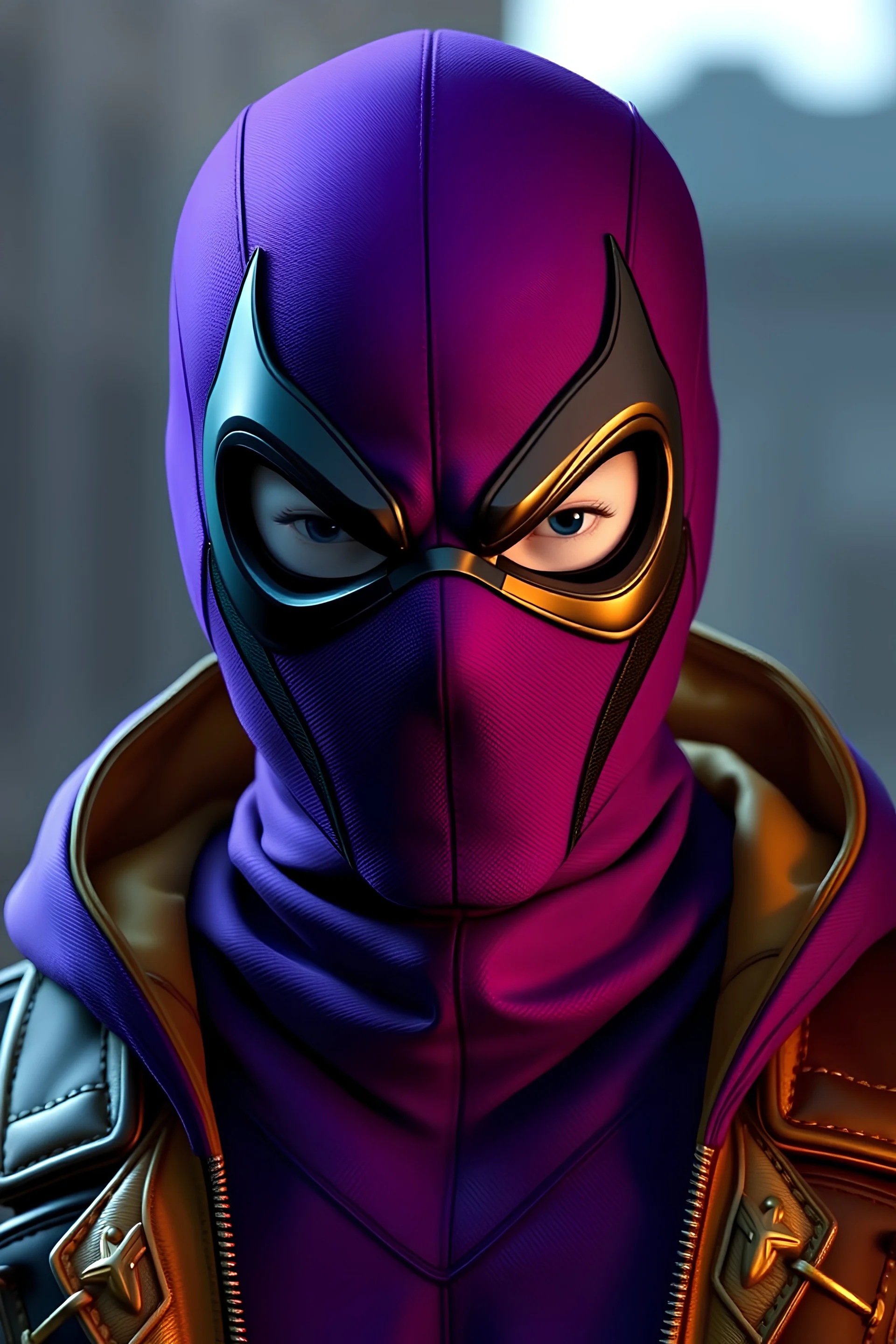 Purple Face masked front portrait prowler Miles Morales