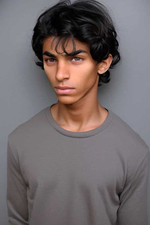 Appearance: Ari has a mixed-race skin tone with a light brown complexion. He has dark hair in a page boy haircut, and his hair length could be somewhere in-between long and short. His face is thin with high cheekbones and gray eyes that are often full of emotion. He stands at around 5 feet 7 inches tall, with a lean build that suggests he doesn't engage in a lot of physical activity. He is of average attractiveness with a boyish face.