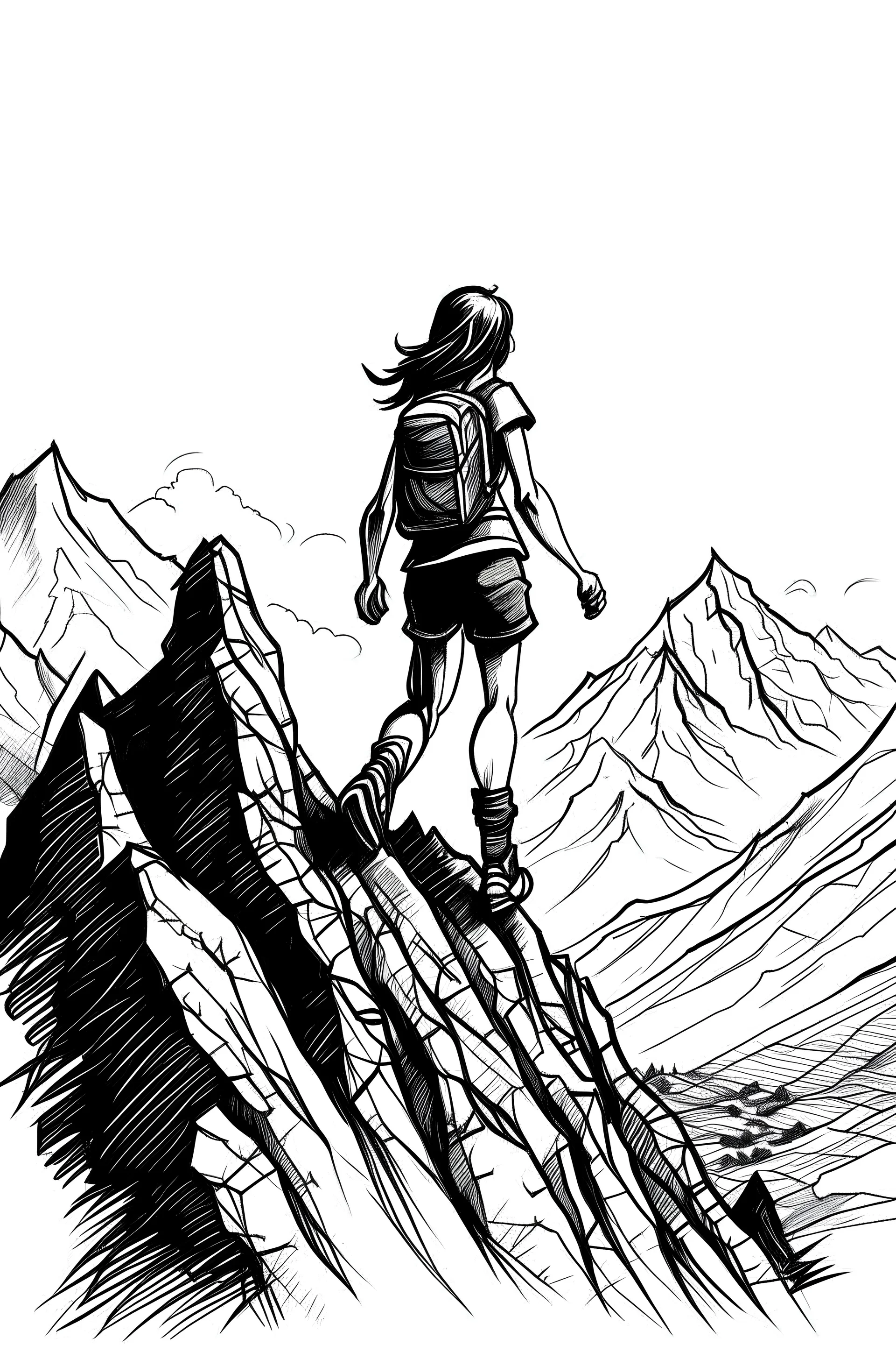 Fai uno schizzo in bianco e nero di una ragazza che arrampica in montagna