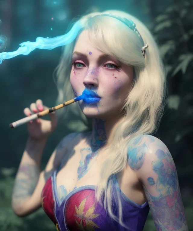 Ultra realistic wonderland photo, happy blonde woman smoking a shisha, blue dress, big purple-cat friend, circus dress style, old school tattoo, smoke, marijuana garden, glow eyes, perfect iris, soft color, highly detailed, unreal engine 5, cinematic, ultra detail, volumetric lighting, high definition.