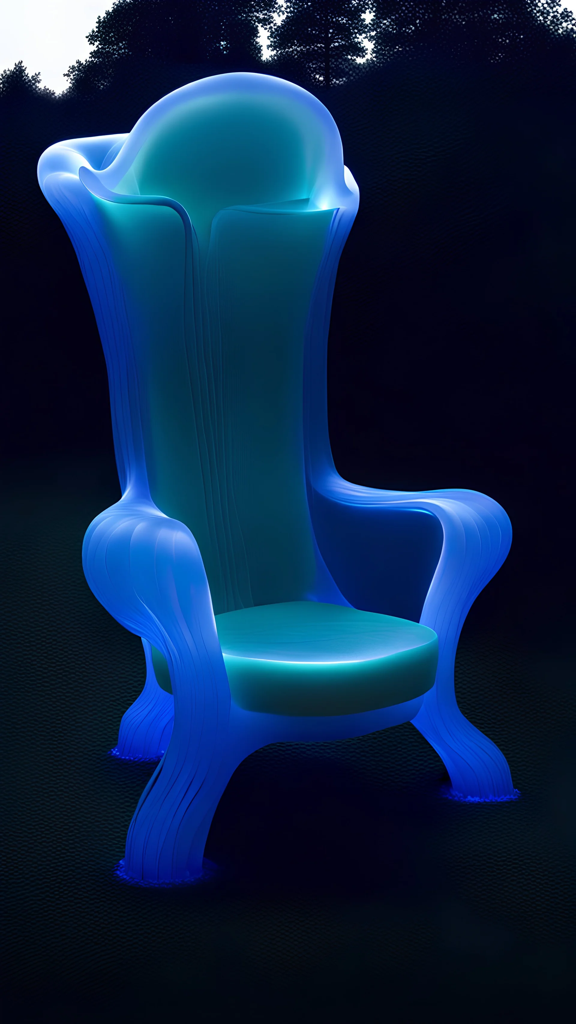 Imagine a sculpture of an armchair made entirely of translucent, glowing jellyfish
