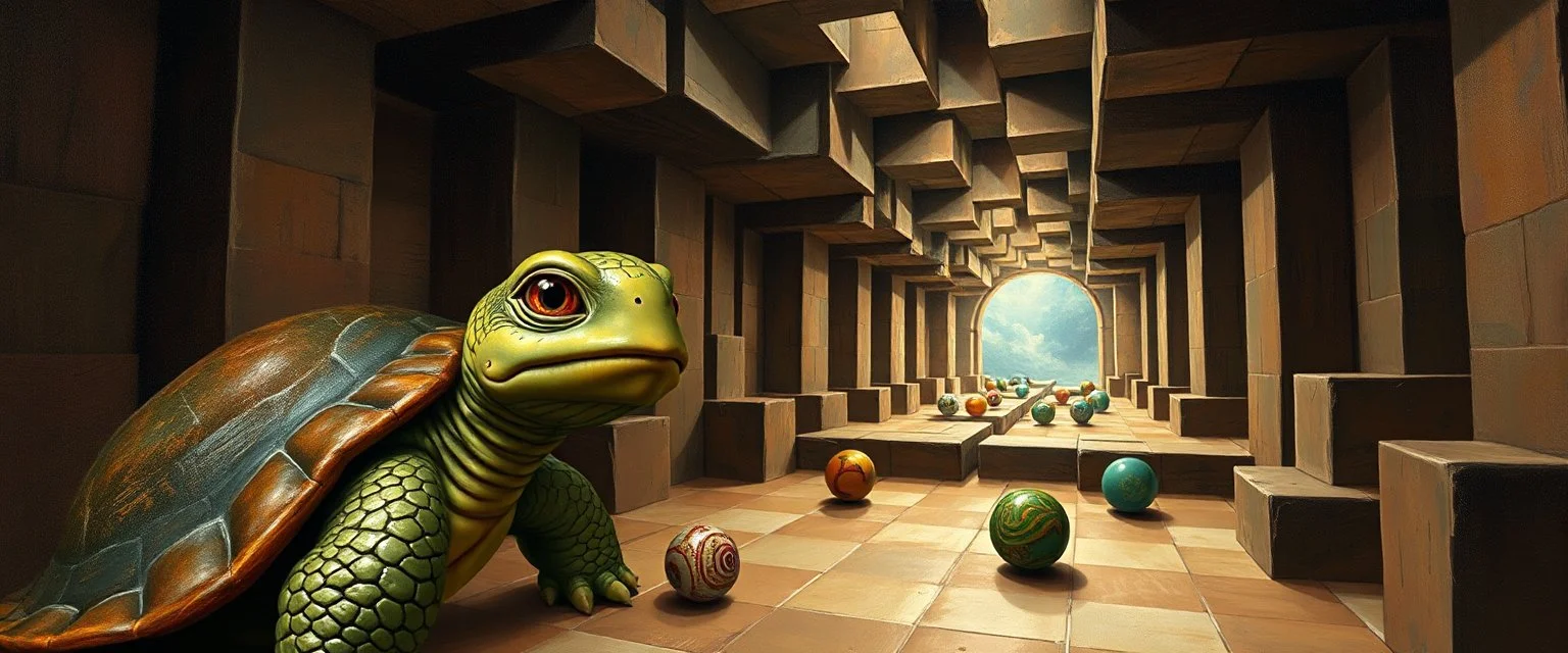 master oil painting by Rembrandt, marble madness turtle character portrait, a living bowling marble halls with slightly tilted floor in a twisted block maze, scenery from the game "marble madness", crystal birds