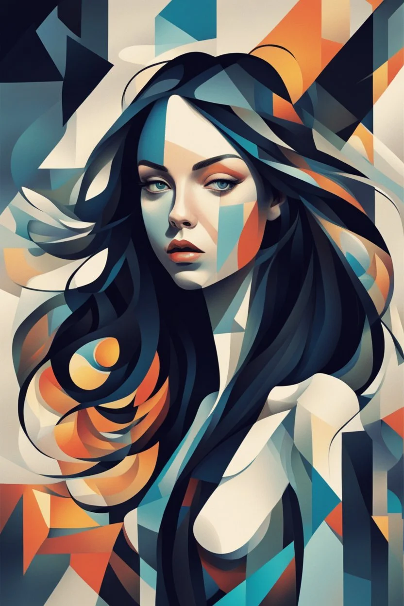 Neo Surrealism, whimsical art, Analytical Cubism Illustration Design a perfect pretty girl, black long hair, Split-Complementary color guide, Plasma Energy Texture, abstract background, girl, Pose with movement, often for geometric deconstruction, monochromatic palette, or fragmented forms.