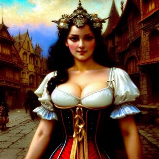 fullbody portrait 'beautiful busty medieval woman on street in medieval city',corset,painting by gaston bussiere, greg rutkowski, yoji shinkawa, yoshitaka amano, tsutomu nihei, donato giancola, tim hildebrandt, oil on canvas, cinematic composition, extreme detail,((fit full head inside picture)),32k