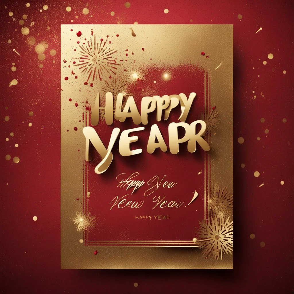 Hyper Realistic Grungy golden Happy New Year Card with decorative red rustic background