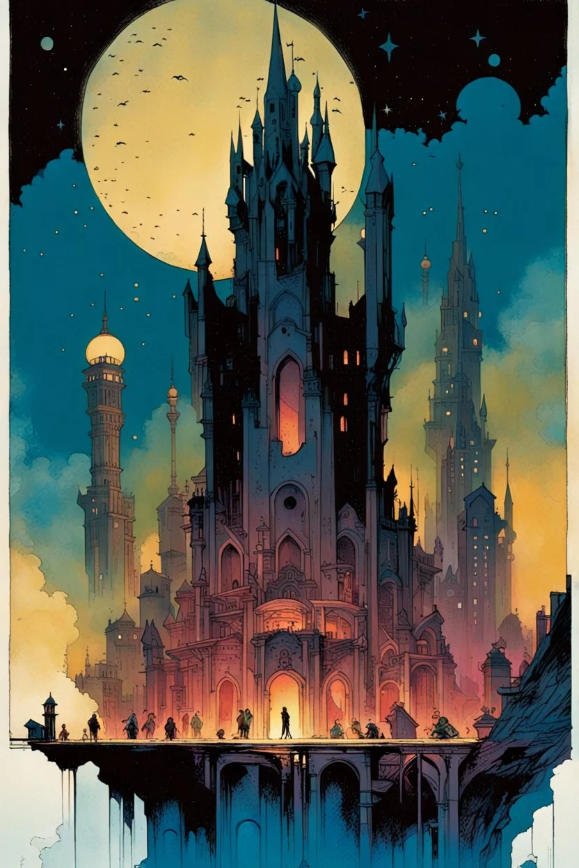 create a wildly imaginative illustration of an ethereal, otherworldly , thriving, antediluvian vampire city, arcane magical architecture, in the comic book art style of Bill Sienkiewicz, Mike Mignola, Sparth, and Jean Giraud Moebius, finely drawn, colored and inked, suffused with dramatic natural light and shadow in the starry skys of the midnight moon