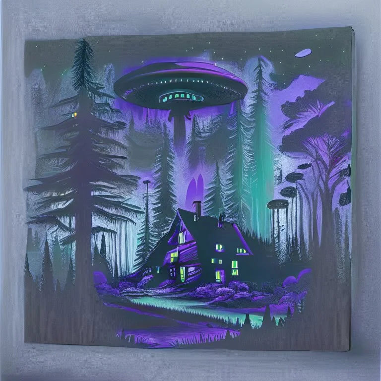 a dark forest with a house in the distance and a ufo in the sky cezanne style black and purple