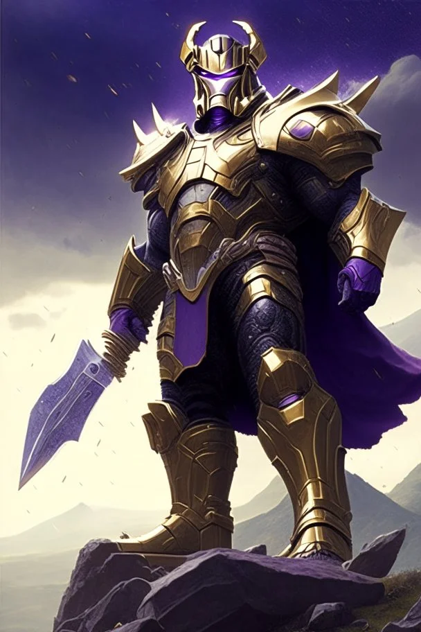 Thanos, the commander of the army of aliens and the king of the entire galaxy, is ready to go on a campaign with his two large swords, his very beautiful and impenetrable armor with his golden helmet, standing on top of a hill with his sword with infinity gauntlet