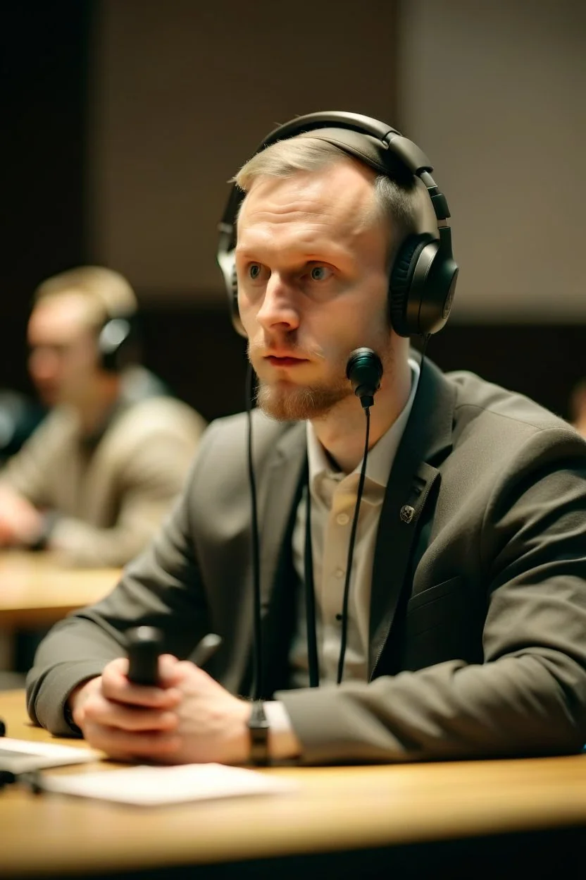 A simultaneous translator of Slavic appearance sits at a table with headphones on at a briefing and translates into a microphone, in a large hall, there are a lot of people around, the background is blurred, everything is in pastel light colors