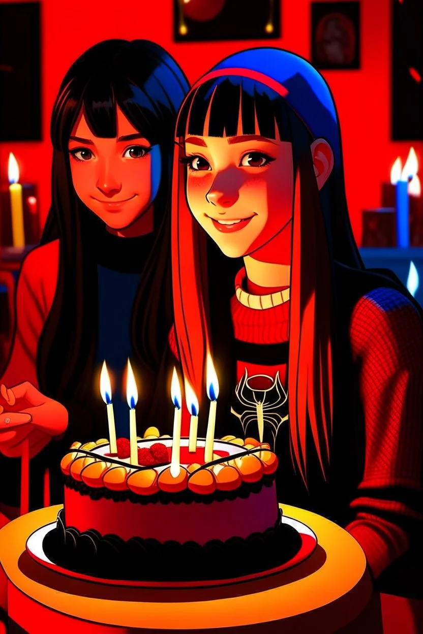 spiderman into the spider verse tarzı 17 yazan mum ile doğum günü kutlayan 2 kız birinin saçı kısa karakterlerin görüneceği kadar aydınlık soldaki kızın saçı daha kısa yüz ifadeleri değişsin çizgi roman tarzı gölgelendirme yüz ifadeleri değişsin sadece 2 kişi pasta ortalansın yüz ifadeleri değişsin sadece iki kız her şey aynı kalsın ama yüz ifadeleri değişsin
