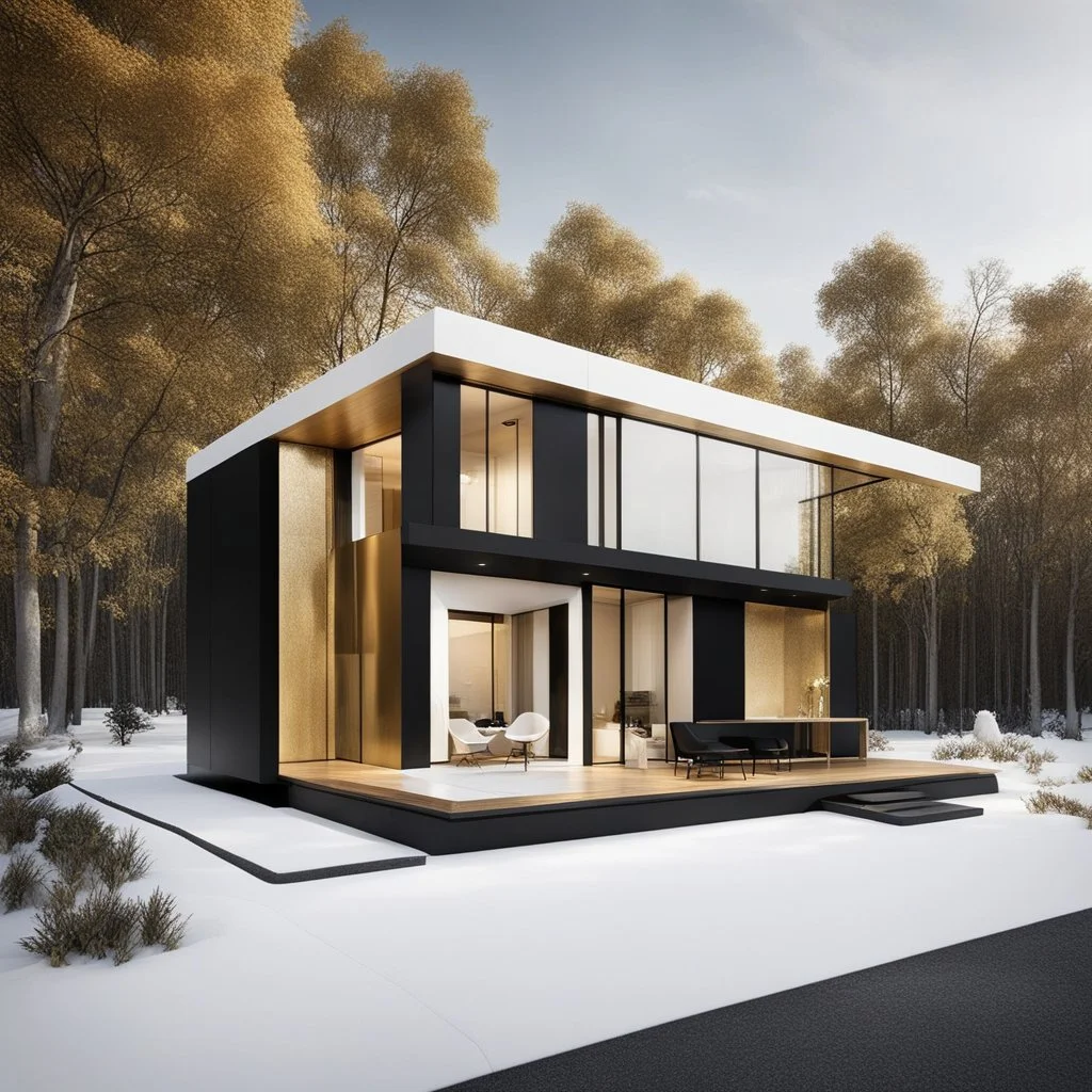 Create a small modern prefab house with white, gold and black colors, photo