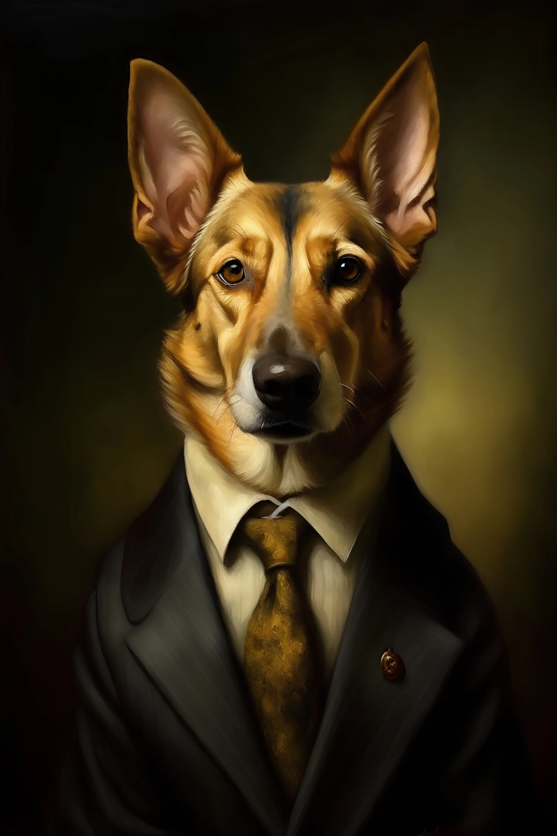 Painting, Portrait, dog in suit, Shepherd, renaissance, brown dog, g