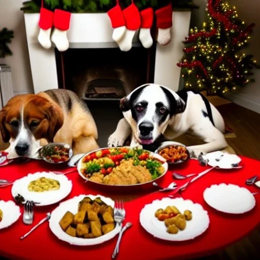 Dogs eating Christmas dinner