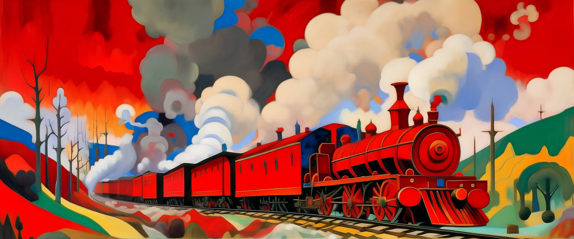 A red railway covered in smoke painted by Wassily Kandinsky