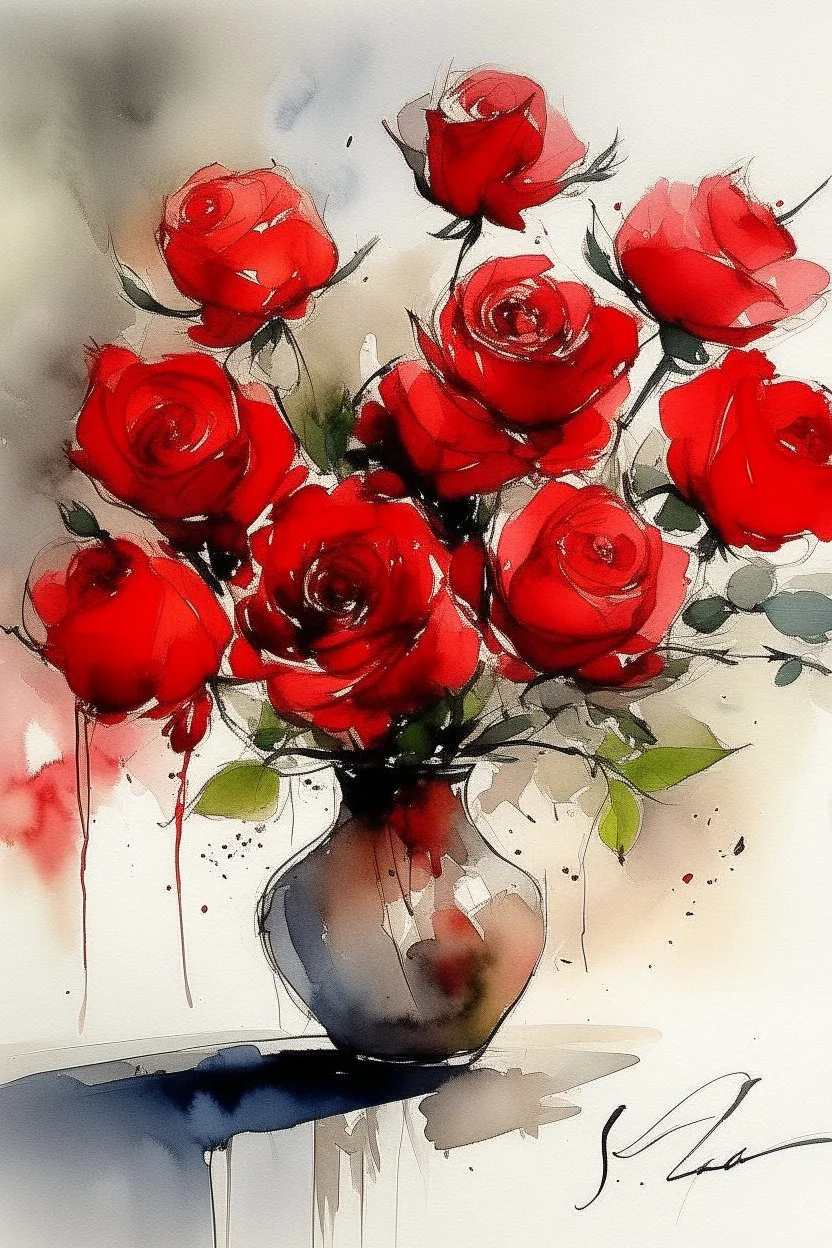 A watercolour and ink drawing of A vase of red roses in the style of artist John Lovett