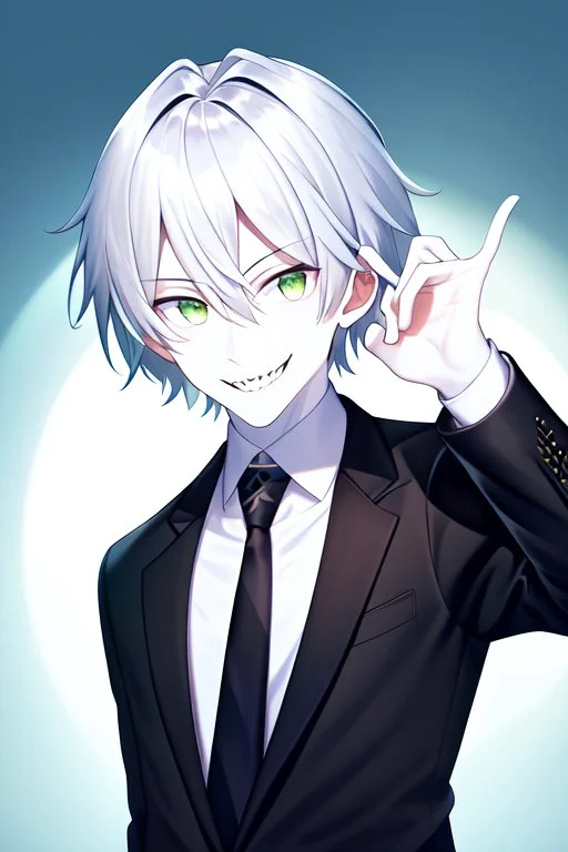 plauge doctor in balck leather coat and suit with silver hair, pale skin and bright green eyes smiling with sharp teeth, nice young face, male, viscious smile, face close look