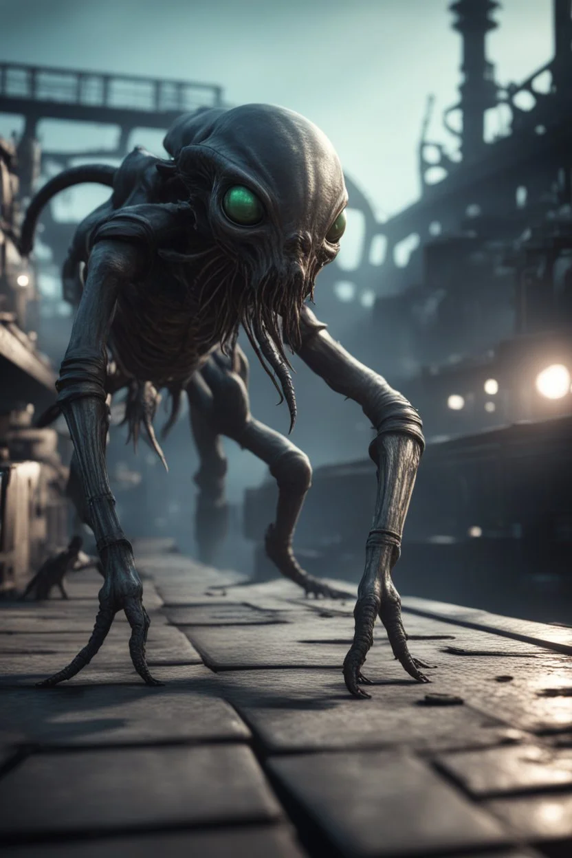 xcom's terror from the deep giger style alien crawling onto the docks in fallout 4 setting, bokeh, downlight, prize winning, depth of field, in the style of ivo caprino