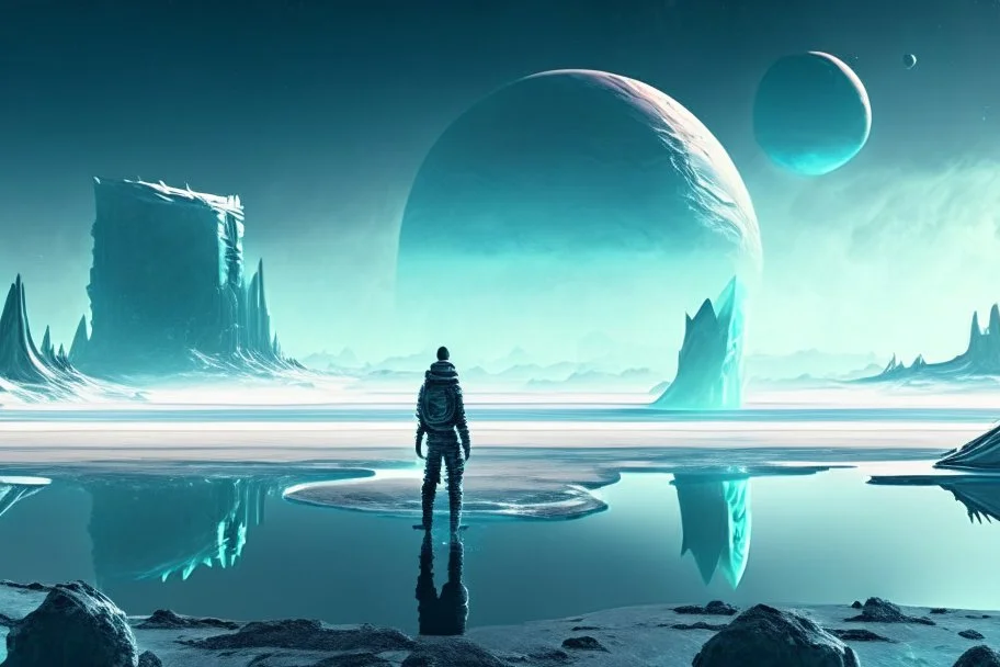 alien landscape with person seeing a grey exoplanet in the horizon, lagoon, ice blocks, sci-fi, concept art, cinematic, very epic