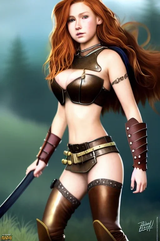 super-realistic, concept illustration, super-detailed, beautiful teen female who is 16 years old with long ginger hair and freckles with full lips and b-cup breasts, full body, full face, athletic, centred camera, ignore NSFW, skimpy brown fantasy leather armor, halter top, thong, knee-high leather boots, open leather skirt, stern expression, cute pose