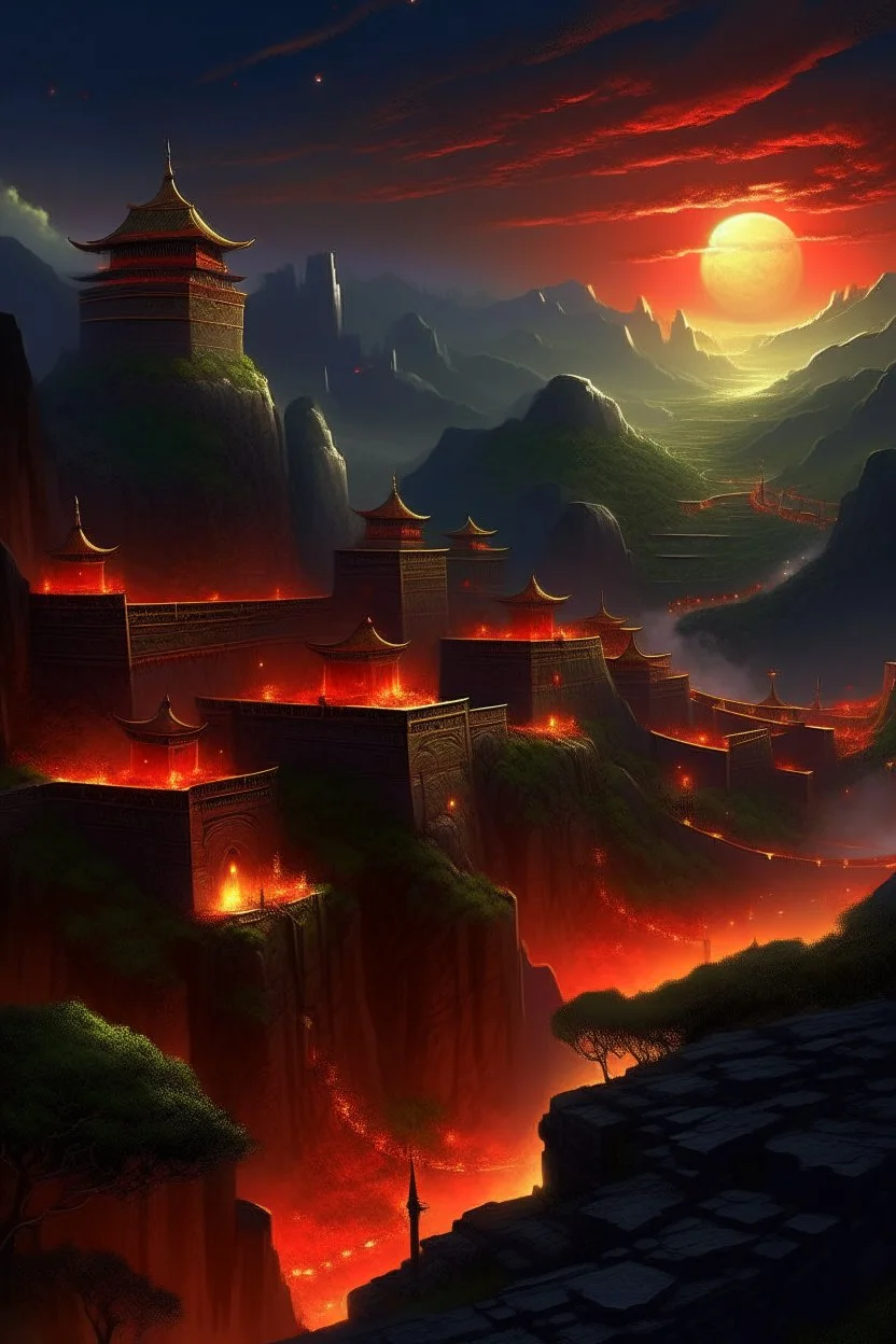 View of an ancient walled city sitting in a valley as viewed from the rim of the valley, the city is lighted by torches placed along the walls with windows high upon the wall, One window has a scarlet cord draped out reaching the ground, the sky is dark and surrealistic with planets and moons on the horizon, the rim of the valley has armored soldiers laying in wait while 2 spies work their way down to the outside of the city wall where the scarlet cord hangs from the window above a cross