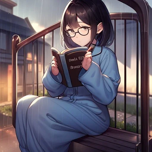 anime girl sitting on a porch swing of an old house, journaling, wearing pajamas, writing in a book, shes watching it rain, more detail on hands and her face,shes deep in her thoughts, wearing glasses, rain drops, she has a pencil in her hand and is writning in the book, she is looking down at what she is writing, lightning, she is writing something in a book, eyes are pointed down