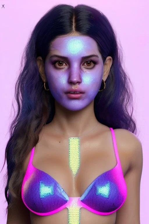 Ultra Realistic image, Rosalía artist, portrait, normal complexion, waist up portrait, two monkeys hair ,black eye long line, sweet face, t-shirt with holes, inflatable open coat, gold pink and blue style, spray glow make up, geometric led jewelry, fog, hot, inflatable style latex coat, vibrant color, highly detailed, art stations, concept art, smooth, unreal engine 5, god rays, ray tracing, RTX, lumen lighting, ultra detail, volumetric lighting, 3d, finely drawn, high definition.