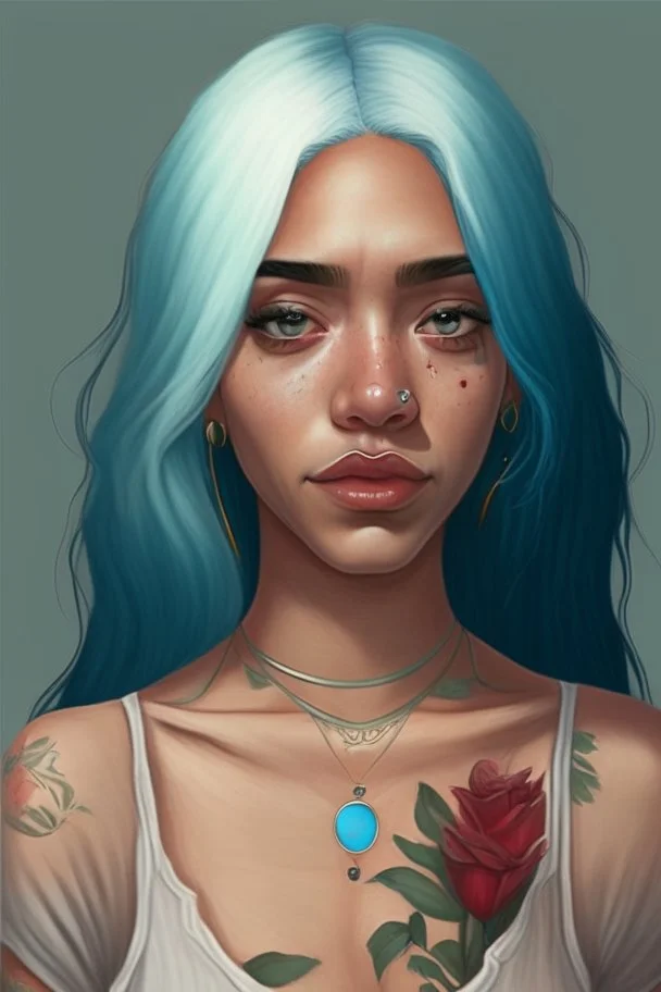 Young woman with big grey eyes, brown skin, rosy cheeks, long silver earrings, really long straight blue hair, round face, slim body, big bobs, green shirt, red flower tattoo on collarbone,