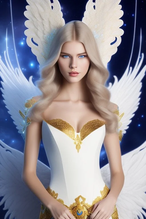 Flower, angel man, (detailed face )++, (detailed blue eyes)++ (long blond hair)++(pectoro visible)++(smile)++, , (two feathered wings on his shoulder blades)++, beautiful place, incredible, cosmic, colours, planet, gold, realistic, real photo, stars at night, detailed, high contrast, 8k high definition, unreal engine 5, extremely sharp details, (lighting effect, light background)++.