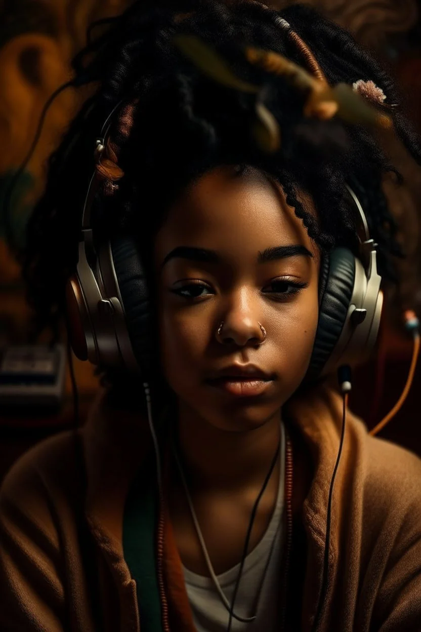 earthy black young woman listening to music with headphones, soul, peace, majestic, earthy colours, at peace, happy, incense, jewels, bands, natural, old school headphones, asian eyes, incense no eyelid wrinkles, darker skin tone