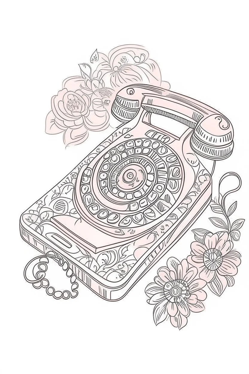 A delicate, floral-patterned phone with a curved receiver rests on a lace doily. A handwritten note with a heart drawn on it lies beside it. Style: Art Nouveau, Mood: Romantic, Lighting: Soft, diffused light with a warm pink hue, T-shirt design graphic, vector, contour, white background.